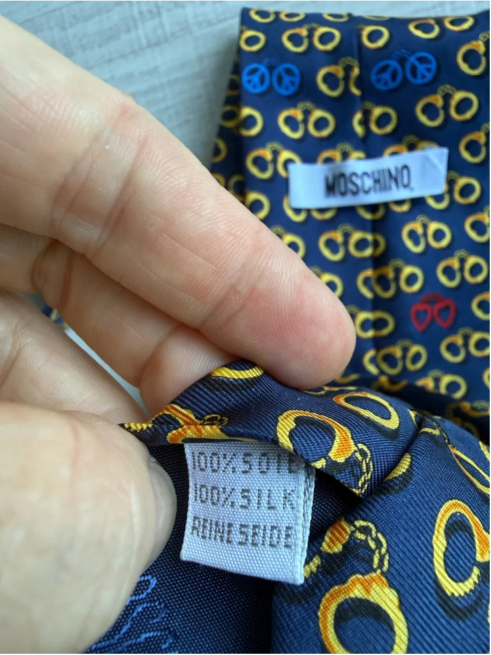 Vintage 90s Moschino Franco Era I Want to Be Free Handcuff Silk Tie Made Italy